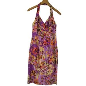 NWT Kay Unger Vintage Purple Multicolor Floral Silk Sheath Halter Dress Size 6
